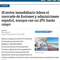 El sector inmobiliario lidera el mercado de fusiones y adquisiciones espaol, aunque cae un 27% hasta mayo